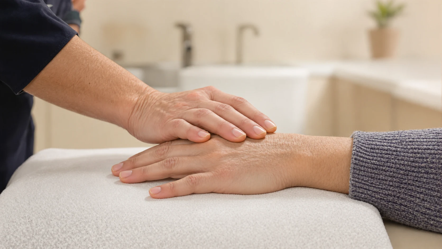 Clinician gently evaluating a patient's hand