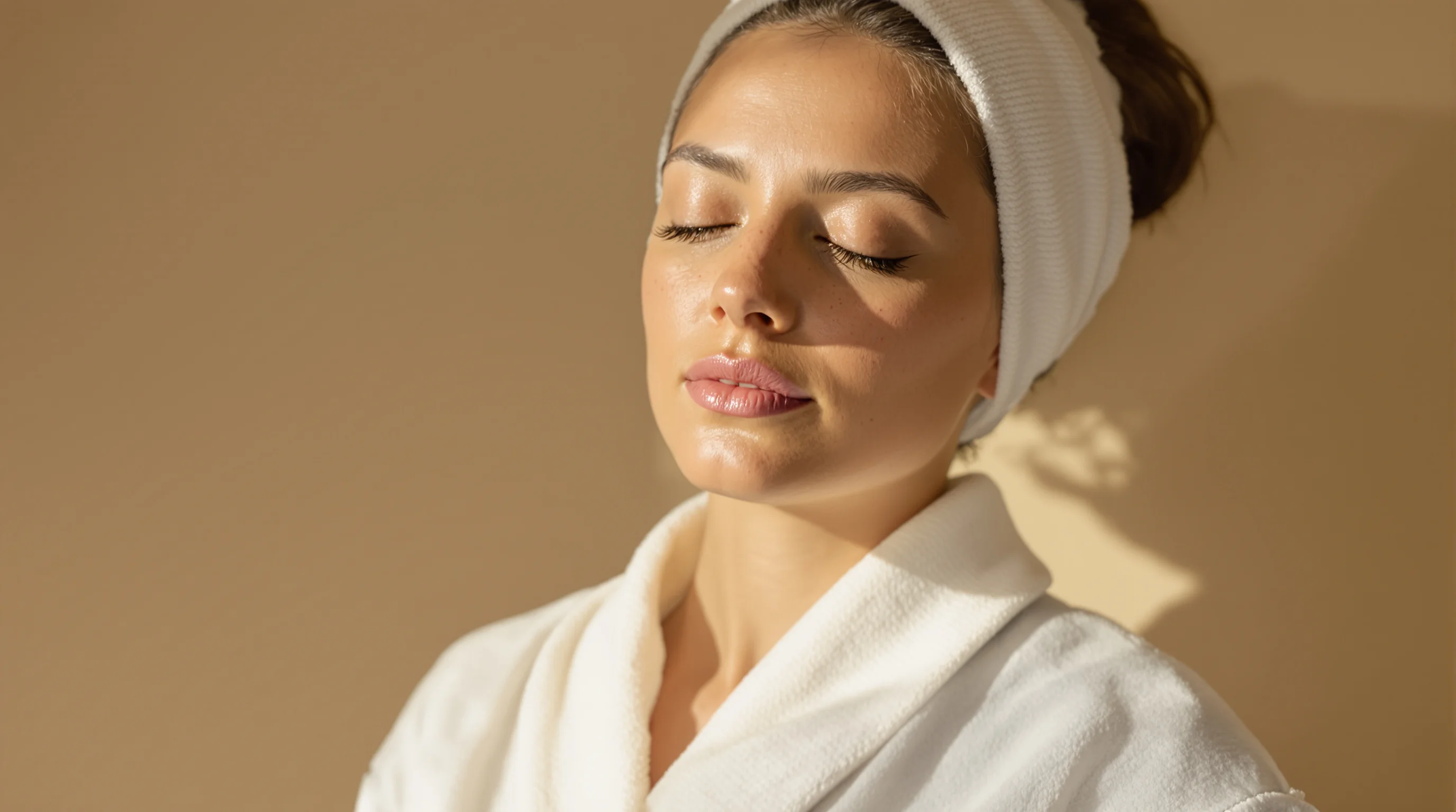 Woman resting in warm light with natural skin